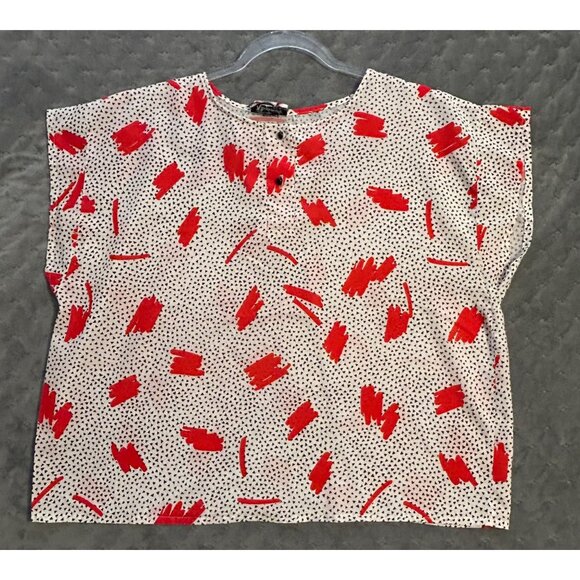 Vintage Rhapsody 1980s Print Womens White Red & Black Abstract Print Blouse FLAW - Picture 7 of 8